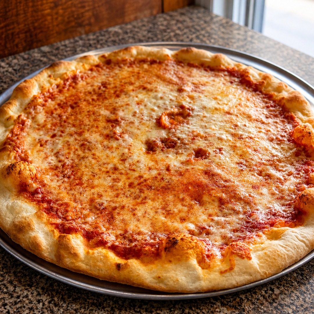 Boardwalk style pizza on a pan with Grande cheese