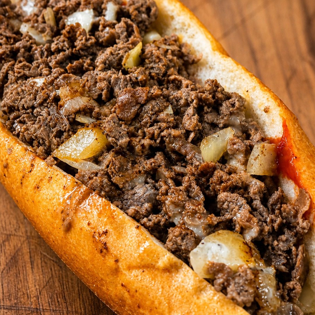 Rib eye cheesesteak loaded with steak and onions on a fresh-baked roll