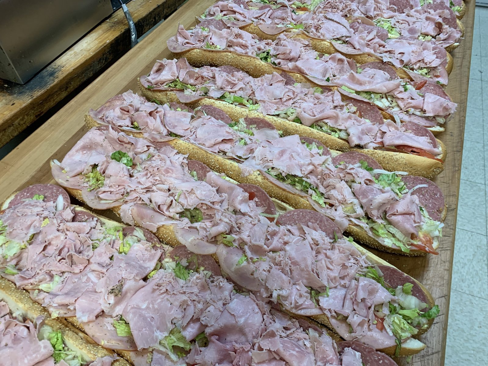 Overhead view of Italian hoagies for catering